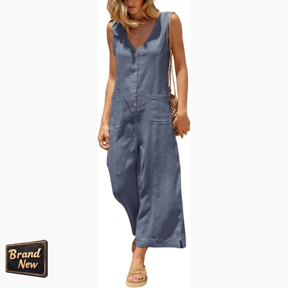 Sleeveless Cotton Linen Jumpsuit With Pockets, Wide Leg, V-Neck